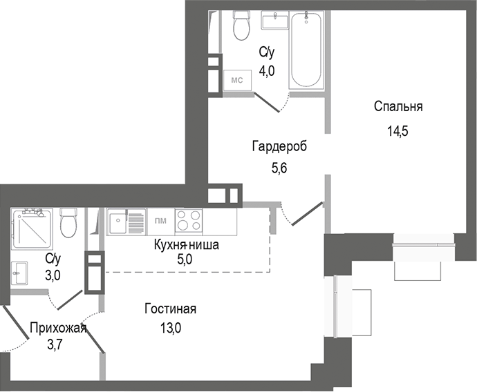 2-комн., 48.8 м², 6/8 этаж, ЖК «Киноквартал»