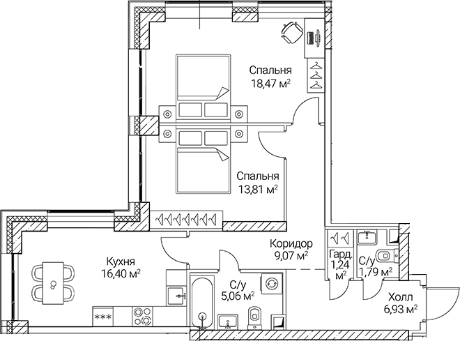 3-комн., 72.77 м², 36/51 этаж, ЖК «СЕЗАР СИТИ»
