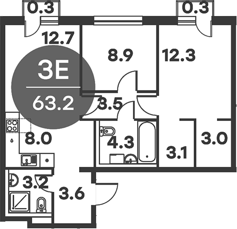 3-комн., 62.6 м², 6/6 этаж, ЖК «Равновесие»