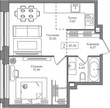 2-комн., 45.3 м², 6/15 этаж, ЖК «Преображенская площадь»