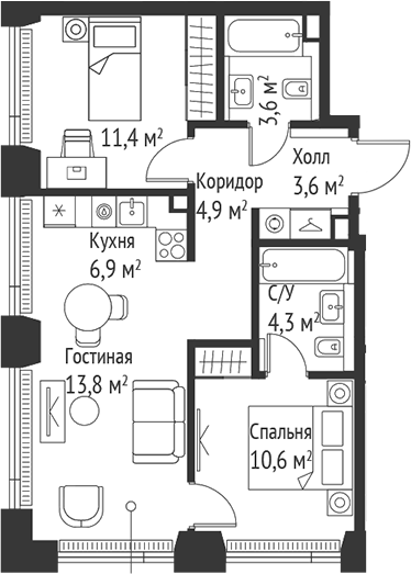 3-комн., 59 м², 23/59 этаж, ЖК «СЕТ»
