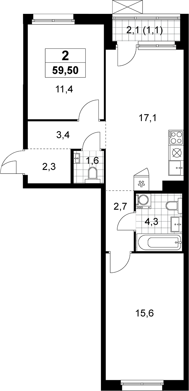 3-комн., 58.4 м², 9/15 этаж, ЖК «Прокшино»