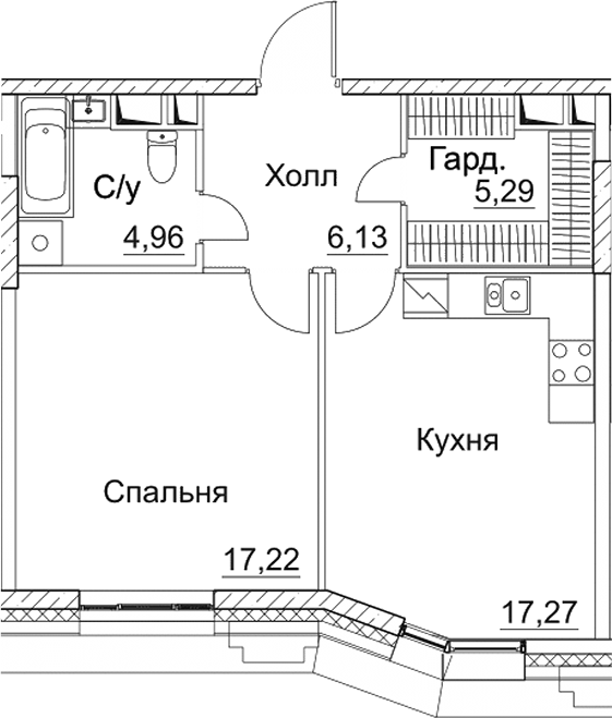 1-комн., 50.87 м², 6/15 этаж, ЖК «СЕЗАР СИТИ»