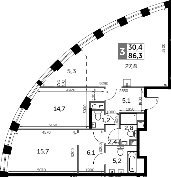 3-комн., 86.3 м², 38/44 этаж, ЖК «Сидней Сити»