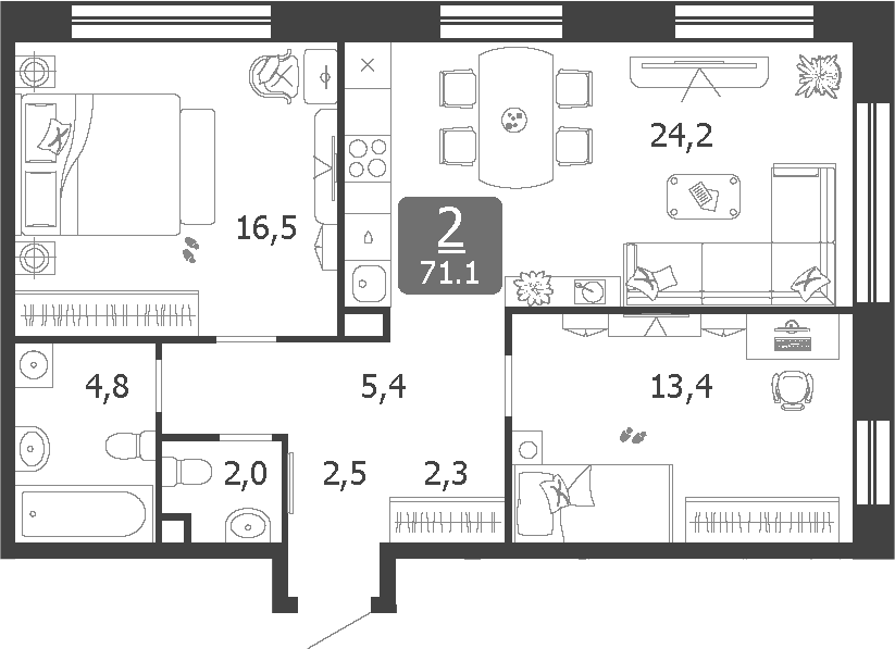 3-комн., 71.1 м², 11/19 этаж, ЖК «Шагал»