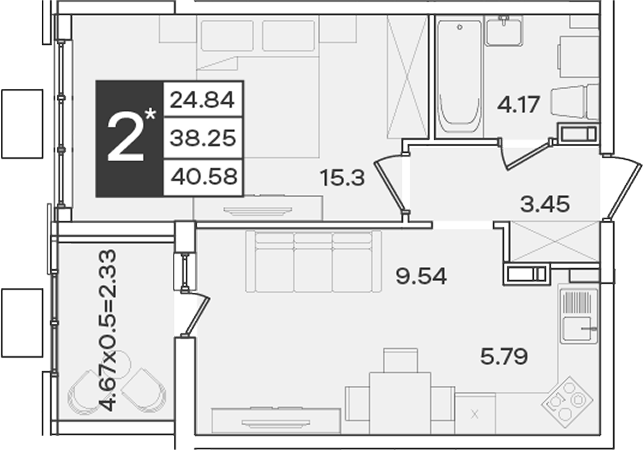 2-комн., 38.25 м², 7/9 этаж, ЖК «Сюжеты»
