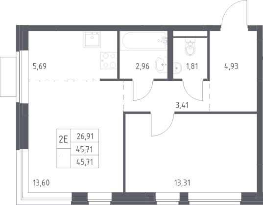 2-комн., 45.71 м², 12/12 этаж, ЖК «Новое Видное»