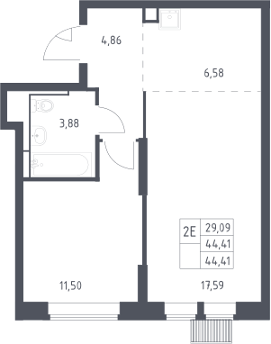 2-комн., 44.41 м², 2/25 этаж, ЖК «Большое Путилково»