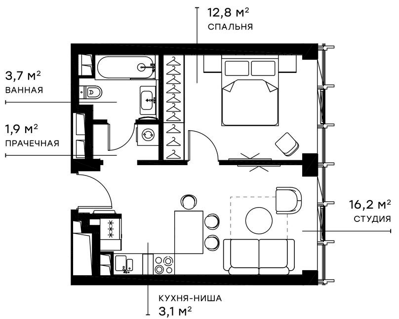 2-комн., 37.62 м², 2/36 этаж, ЖК «Симфония 34»