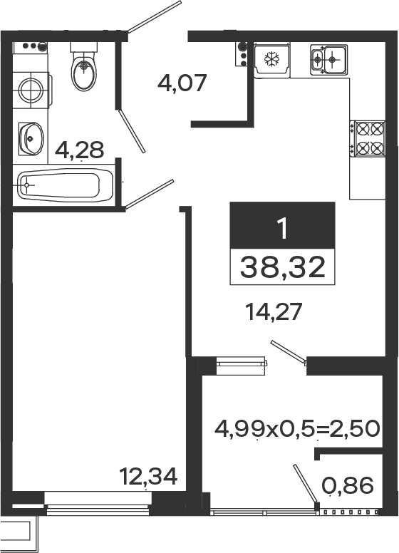 1-комн., 34.96 м², 2/18 этаж, ЖК «Образцово»