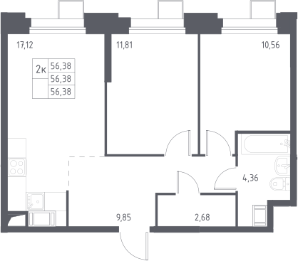 3-комн., 56.38 м², 13/23 этаж, ЖК «Тропарево Парк»