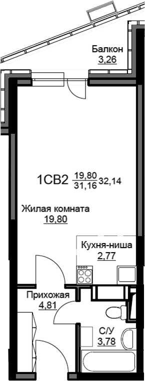 Студия, 31.16 м², 16/17 этаж, ЖК «Соболевка»