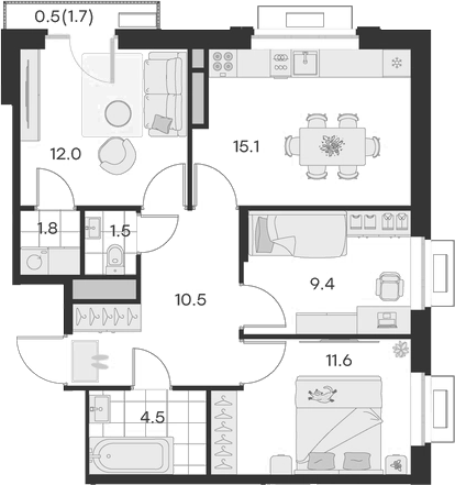 3-комн., 66.4 м², 3/4 этаж, ЖК «Михалевич»