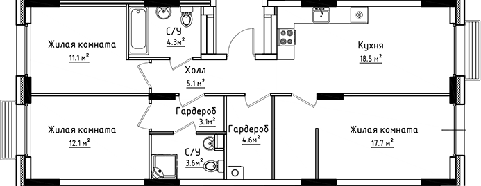 3-комн., 80.1 м², 1/6 этаж, ЖК «Коллекция»