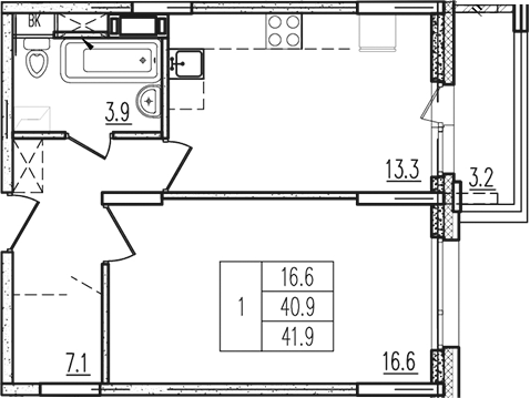 1-комн., 40.84 м², 6/9 этаж, ЖК «Пироговская ривьера. Мытищи»