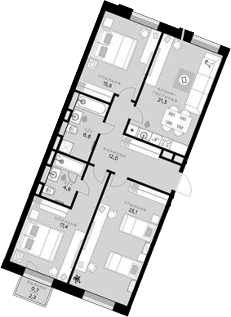 3-комн., 101 м², 4/6 этаж, ЖК «СберСити»