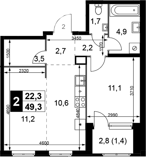 2-комн., 47.9 м², 8/8 этаж, ЖК «1-й Химкинский»