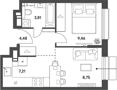 2-комн., 33.71 м², 8/15 этаж, ЖК «Публицист»