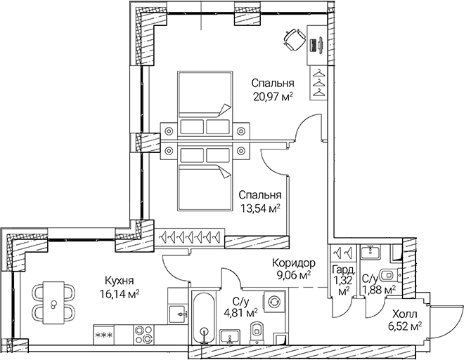 3-комн., 74.24 м², 7/51 этаж, ЖК «СЕЗАР СИТИ»