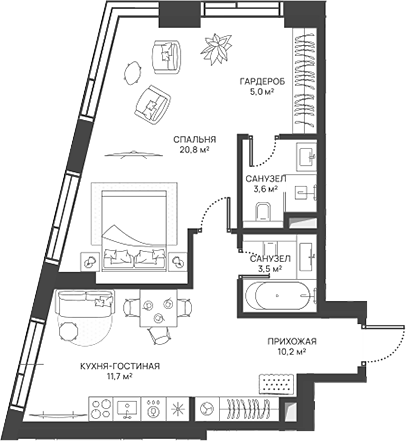 2-комн., 54.8 м², 20/52 этаж, ЖК «СВЕТ»