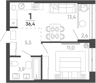 1-комн. квартира, 35.1 м² в ЖК Барса — фото 2