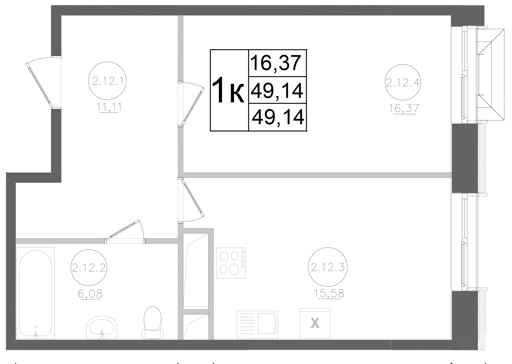 1-комн., 49.14 м², 12/17 этаж, ЖК «Авиатор-2»