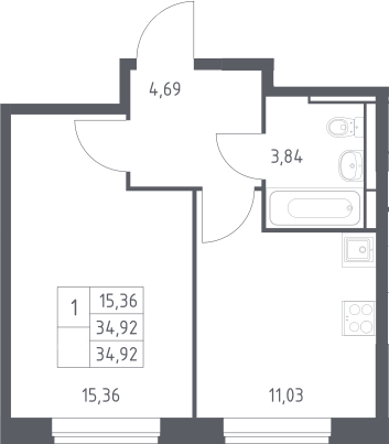 1-комн., 34.92 м², 5/12 этаж, ЖК «Богдановский лес»