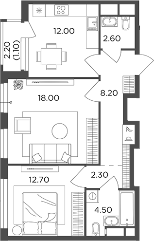 2-комн., 60.3 м², 5/22 этаж, ЖК «Филатов Луг»