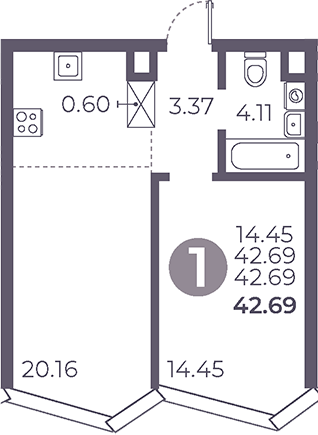 1-комн., 42.69 м², 21/39 этаж, ЖК «Мневники от Гранель»