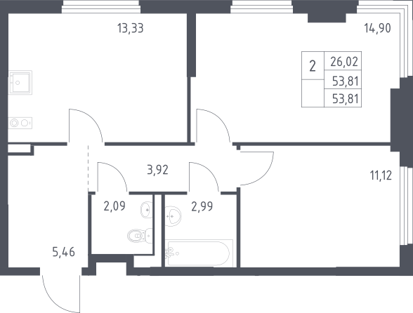 2-комн., 53.81 м², 13/17 этаж, ЖК «Пригород Лесное»