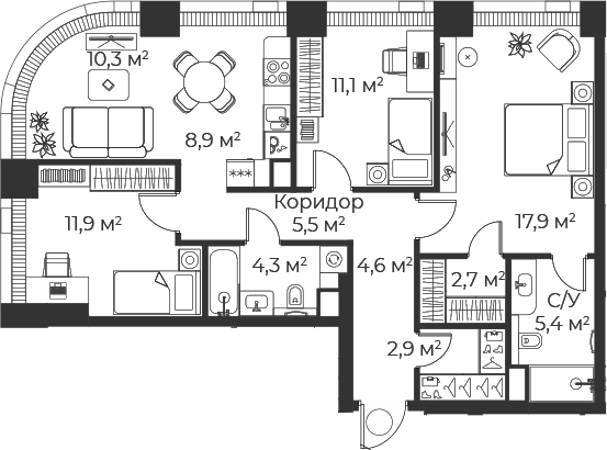 4+ комнаты, 85.4 м², 26/71 этаж, ЖК «Веер»