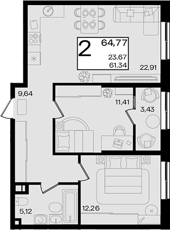 2-комн. квартира, 61.34 м² в ЖК Патрики — фото 3
