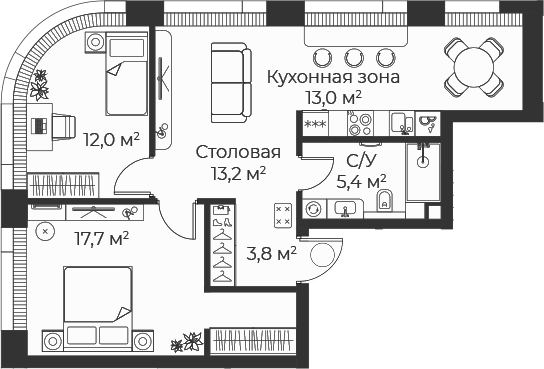 3-комн., 65.1 м², 9/35 этаж, ЖК «Веер»