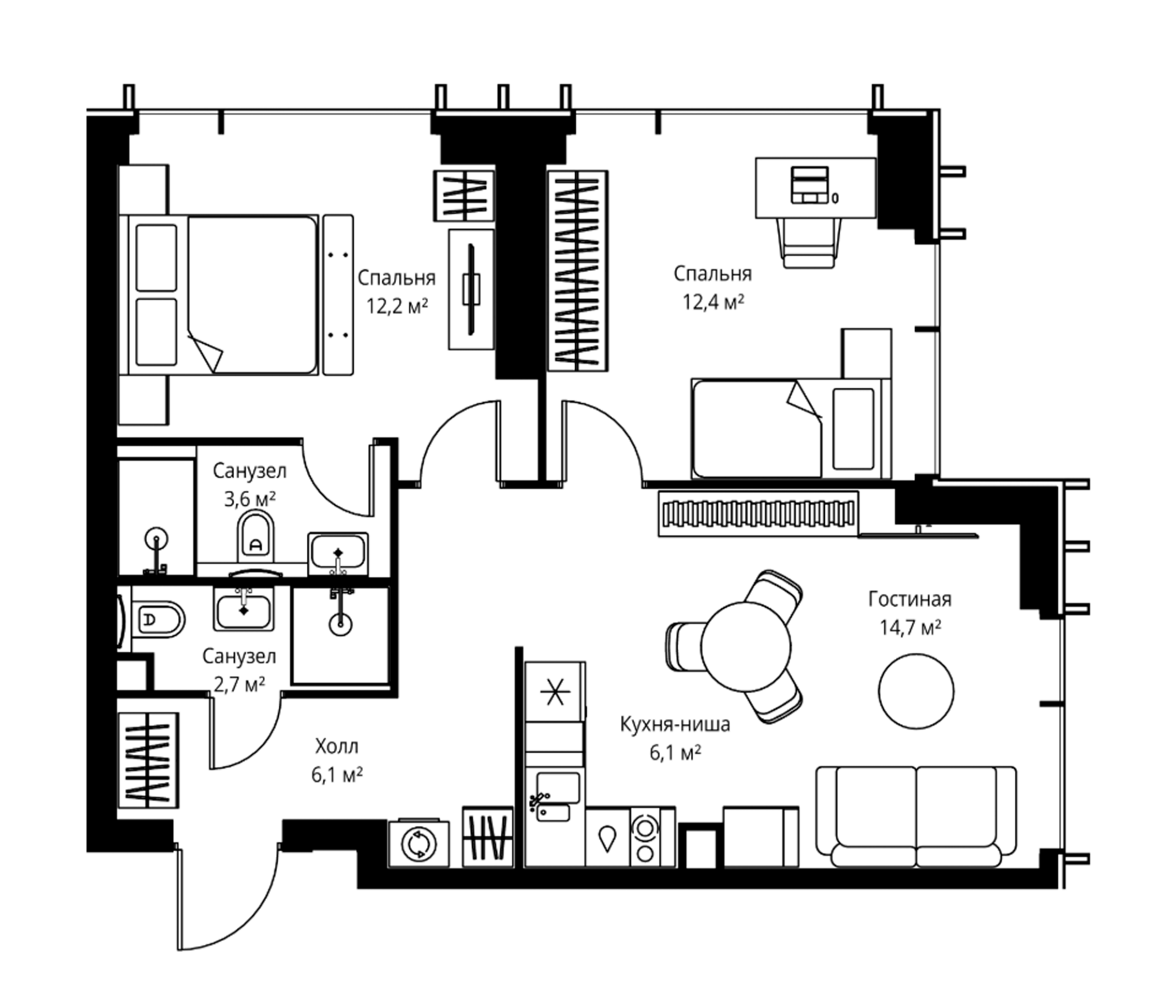 3-комн., 57.8 м², 36/59 этаж, ЖК «Веер»