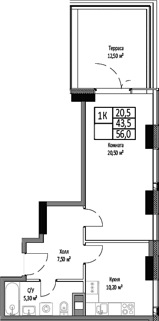 1-комн., 43.5 м², 3/35 этаж, ЖК «Мираполис»