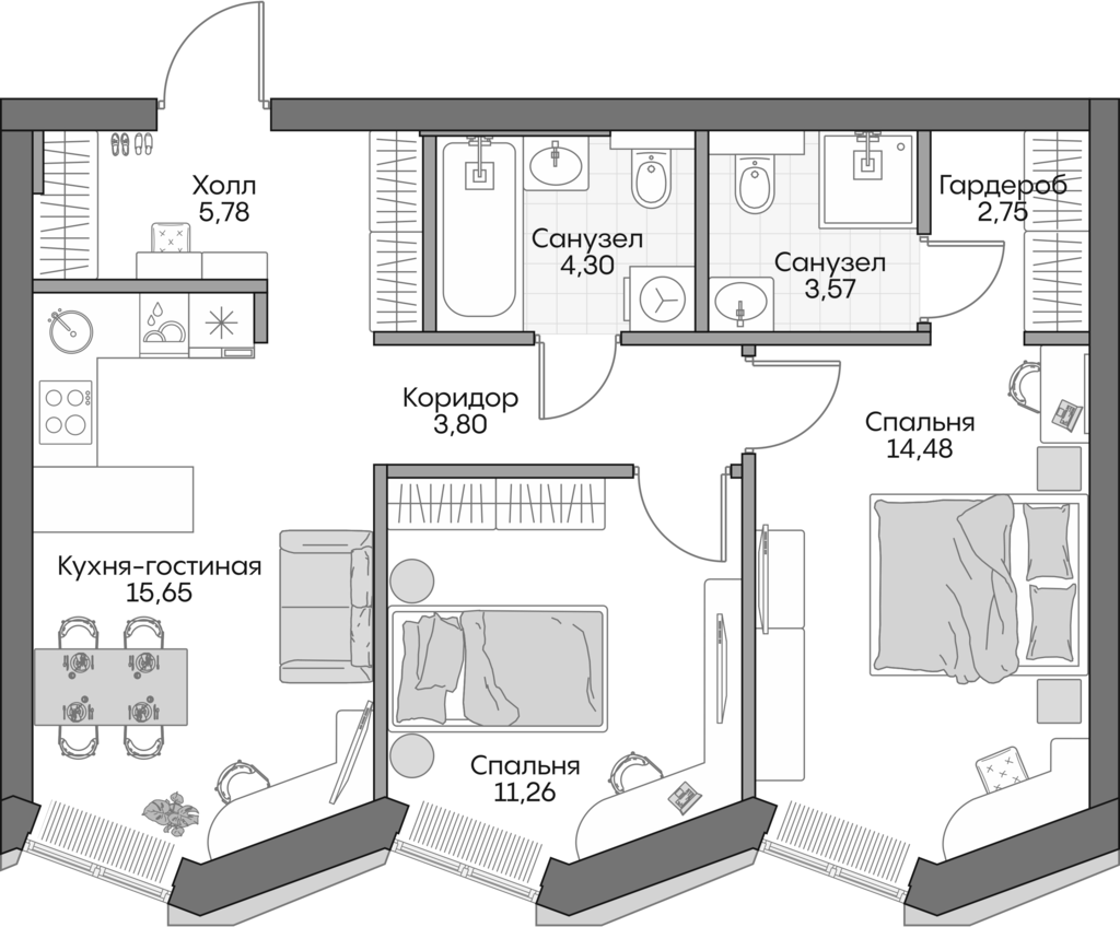 3-комн., 60.5 м², 13/16 этаж, ЖК «Инсайдер»