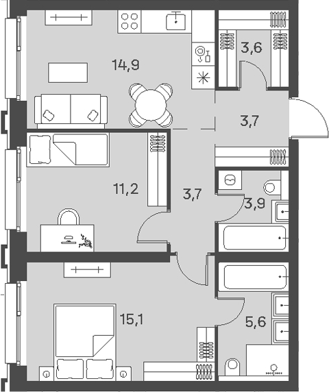 3-комн., 61.7 м², 7/21 этаж, ЖК «Портленд»
