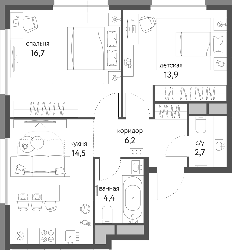 2-комн., 56.3 м², 18/20 этаж, ЖК «Сиреневый парк»
