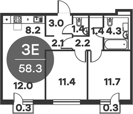 3-комн., 57.7 м², 4/6 этаж, ЖК «Равновесие»