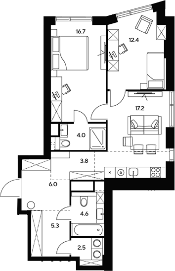 3-комн., 72.5 м², 21/46 этаж, ЖК «НЕКСУС от Аквилон»