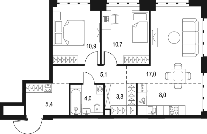 3-комн., 64.9 м², 42/49 этаж, ЖК «Левел Южнопортовая»