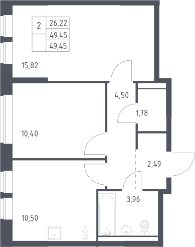 2-комн., 49.45 м², 2/17 этаж, ЖК «Пригород Лесное»
