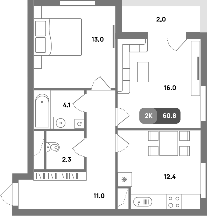 2-комн., 58.8 м², 20/32 этаж, ЖК «Проспект 39»