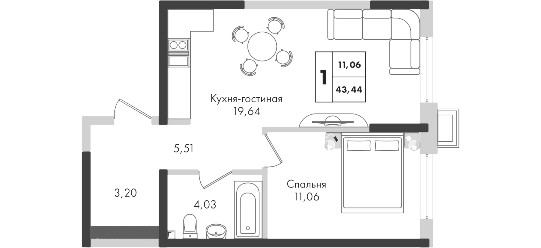 1-комн., 44 м², 1/9 этаж, ЖК «Зеленая территория»