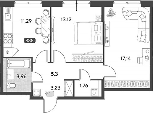 2-комн., 55.8 м², 2/21 этаж, ЖК «Космопарк»