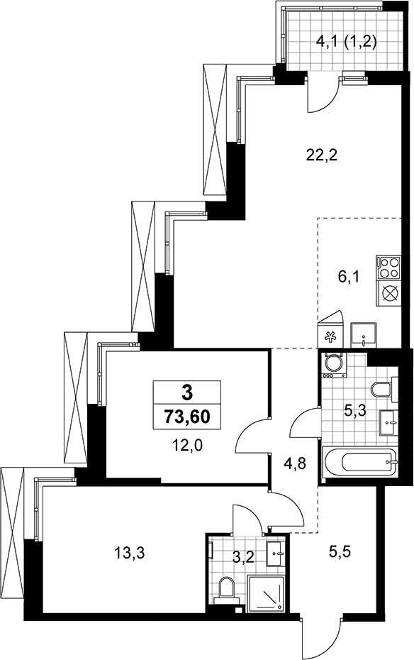 3-комн., 72.4 м², 12/21 этаж, ЖК «Дзен-кварталы»