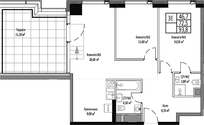 3-комн., 72.5 м², 33/35 этаж, ЖК «Мираполис»