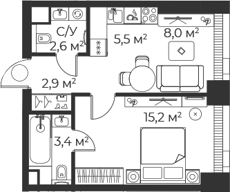 2-комн., 37.6 м², 24/71 этаж, ЖК «Веер»