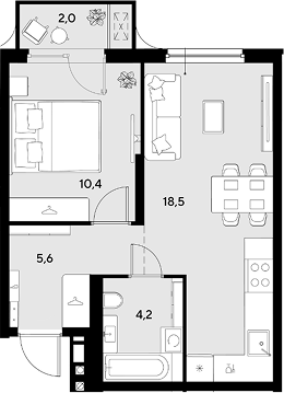 1-комн., 38.7 м², 2/9 этаж, ЖК «Грейд»