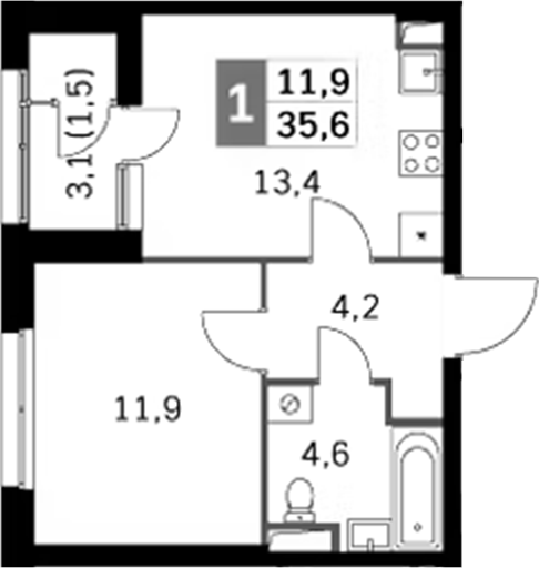 1-комн., 34.1 м², 44/44 этаж, ЖК «Скай Гарден»